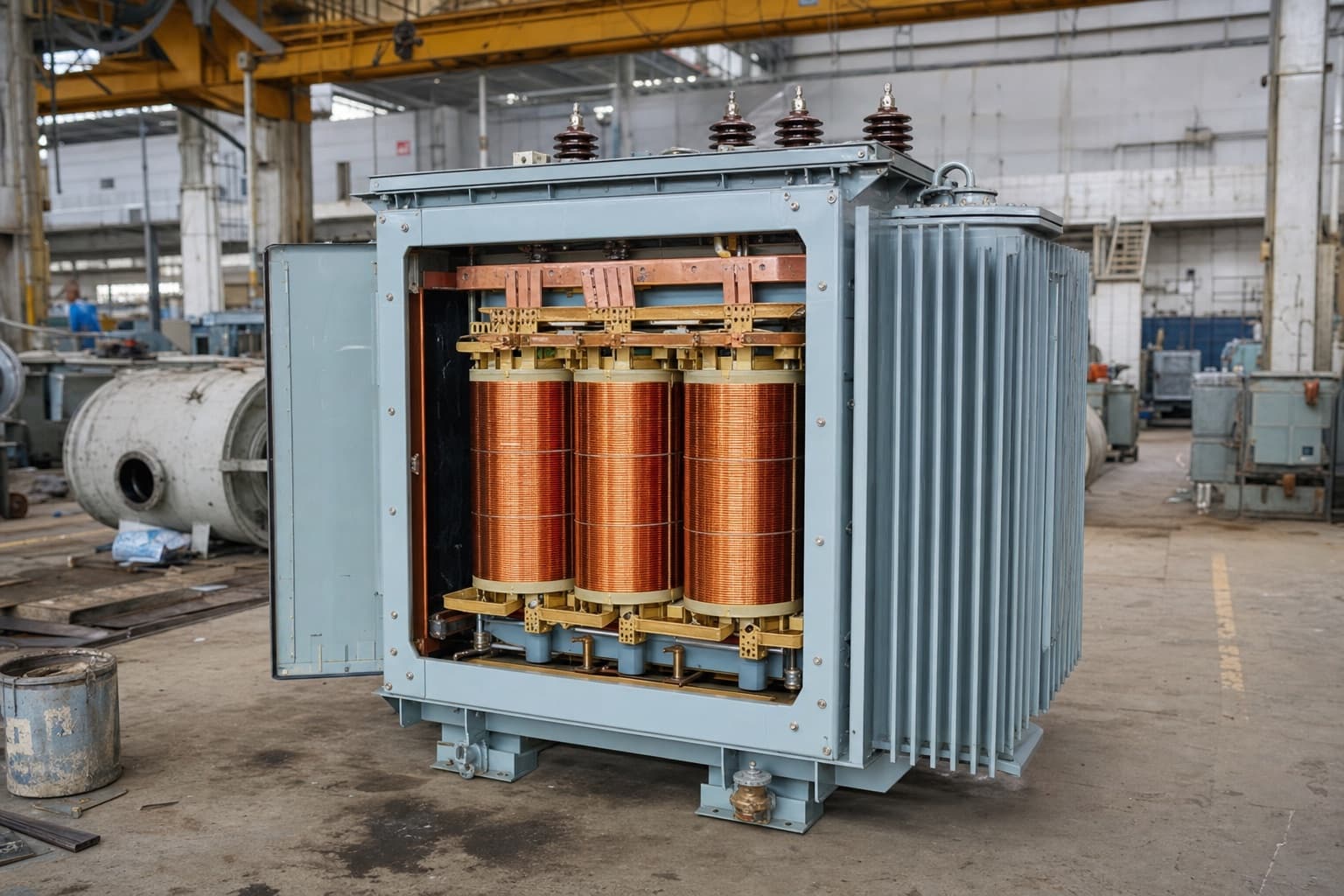 Oil-immersed distribution transformer manufacture on the Trafo Engineering floor in Karachi