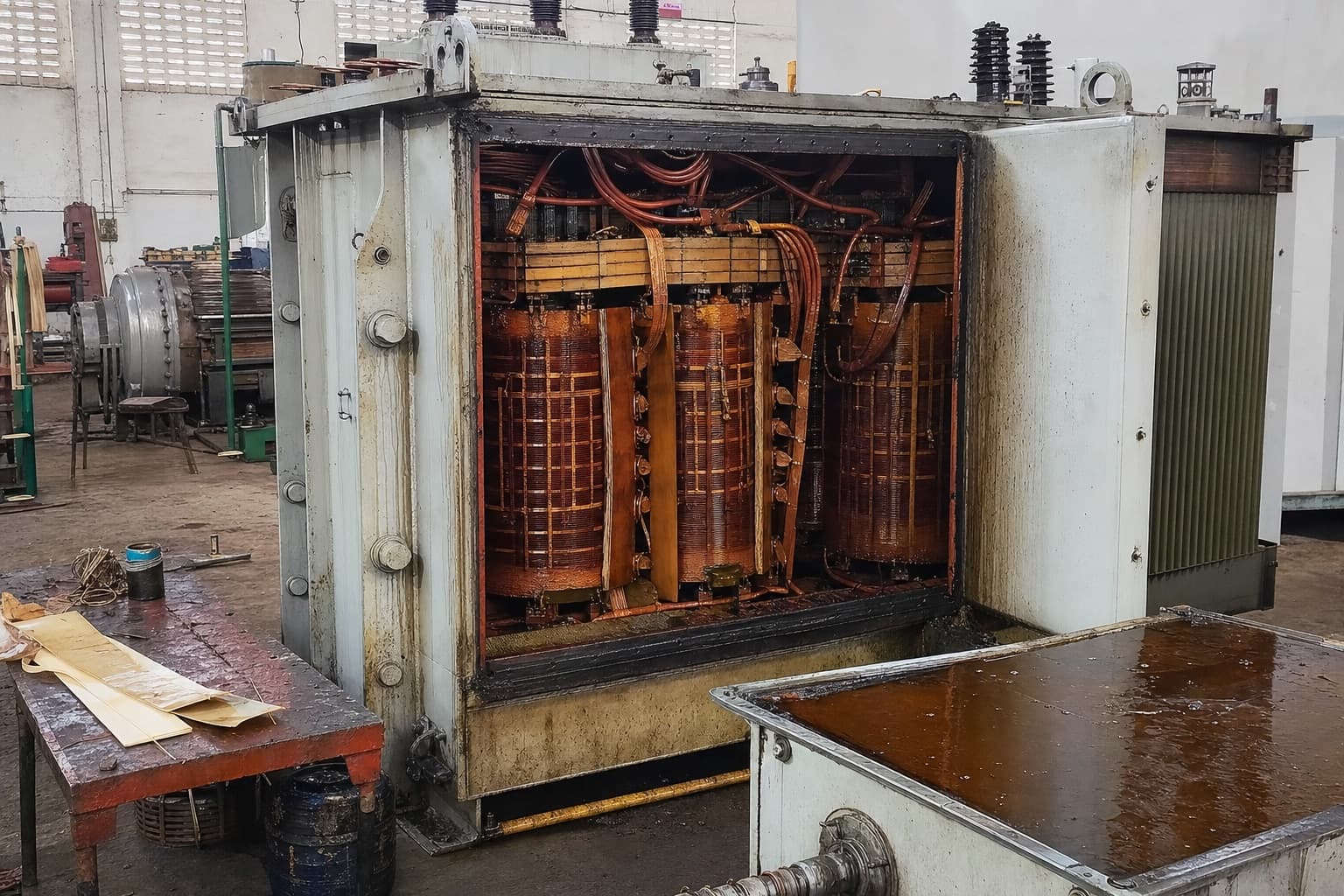 Power transformer open for winding repair on the Trafo Engineering workshop floor in Karachi